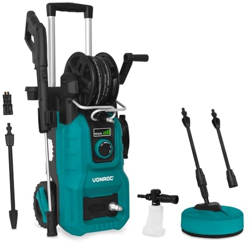 Vonroc Hochdruckreiniger 2400W - inkl Druckregler [180bar] - Hoher Durchfluss [420 l/h] Schlauchtrommel - Aluminium Pumpe - V24 Serie