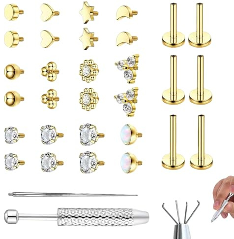 Set med 32 öronpiercingar för tragus, 16 g, 18 g, 6 mm, 8 mm, 10 mm, hypoallergena plattbaks örhängen, med 18 g piercingskula, piercingnål, inre gängade nässpik, stång