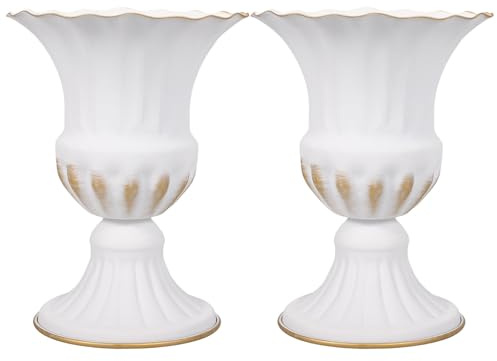 FOMIYES 2 Pezzi Vaso Commemorativo da Cimitero in Ferro Bianco Finitura Oro, Portafiori per Tomba Resistente alle Intemperie, Contenitore per Fiori Freschi e Artificiali per Uso Funerale