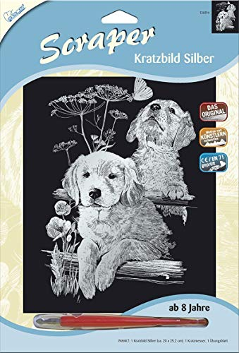 MAMMUT 136014 - Kratzbild, Motiv Labradors, silber, glänzend, Komplettset mit Kratzmesser und Übungsblatt, Scraper, Scratch, Kritzel, Kratzset für Kinder ab 8 Jahre