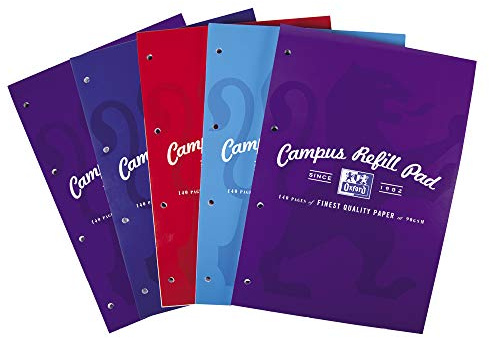 Oxford Campus Lined Paper A4 Refill Pad, Headbound 140 Pages, Assorted Colours, Pack of 5