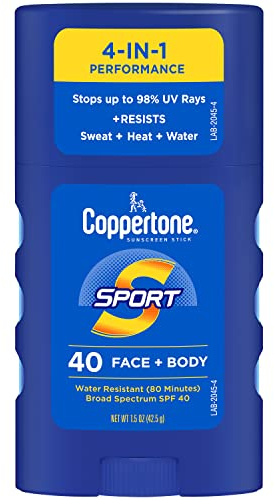 Coppertone Sport Sunscreen Stick SPF 40, Face and Body, Travel Size, 1.5 Oz