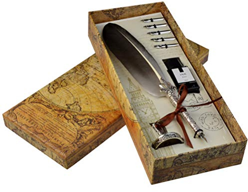 Set per scrittura calligrafica con 5 pennini di ricambio, inchiostro, calamaio e penna, regalo grigio