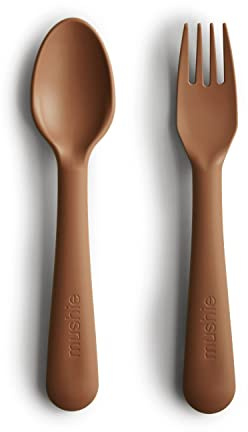 Mushie Fork and Spoon Set for Kids | Flatware Cutlery | 1x Set of Dinnerware Pieces | Reuseable | Dishwasher- and Microwave Safe | Easy for Baby or Child to Hold | Made in Denmark (Caramel)