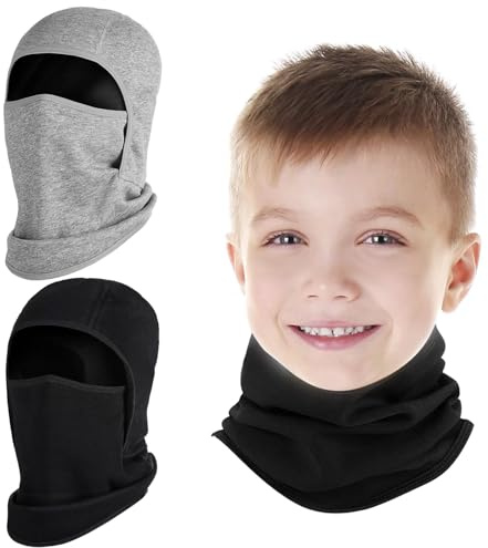 2 Pack Kids Balaclava Face Mask for Boys Girls, Windproof Winter Hat Ski Mask for Cold Weather, Breathable Face Warmer for Sports Skiing Cycling-7 Black Gray