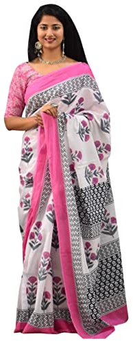 IMTRA FASHION 100 % ren bomull sari för kvinnor indisk handblock tryckt sari, Vit och rosa, L
