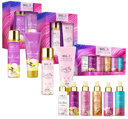 So…? Unique Elegant & Empowered Womens Body Mist Gift Set Bundle, Deluxe Duo Vanilla Candy, Deluxe Duo Sweet Pea & Summer Escapes Grande Set