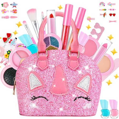 TOGOU2S Kinderschminke Set Mädchen Schminkkoffer Mädchen Waschbar Schminkkoffer Einhorn Mädchen Make Up Set Rosa Schminke Kinder Weihnachts Geburtstags Geschenke Mädchen 4 5 6 7 8 9 10 11 12 Jahre