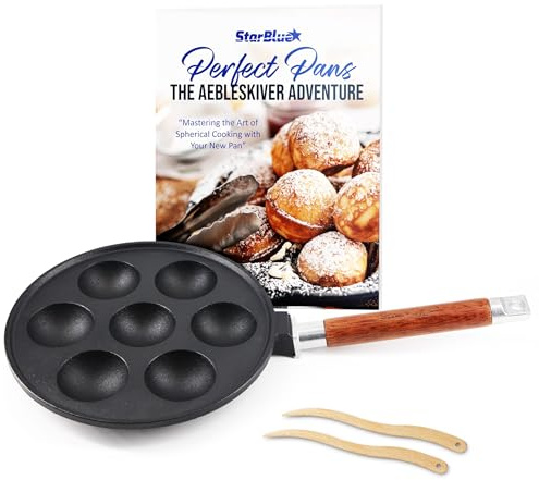 StarBlue Sartén Aebleskiver de hierro fundido de 7 agujeros, mango de madera desmontable, pre-sazonado, palos Aebleskiver y libro de recetas incluidos