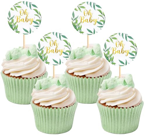 qingmeng 30 stycken Åh baby tårtdekorationer grön | babyparty dekoration pojke flicka | babyshower-dekoration | tårtdekoration välkomnande pojke eller flicka | cupcake-muffinsdekoration för blöjtårta