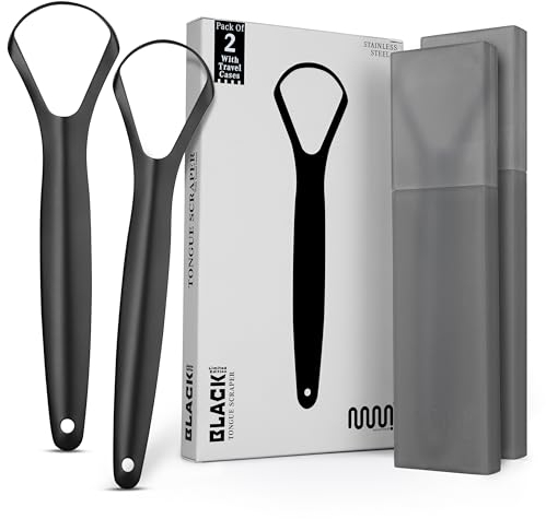 MasterMedi Black Tongue Scraper with Cases (Spoon Shape, 2 Pack), Tongue Scrubber for Bad Breath Treatment, Easy to Use Tongue Scraper for Adults, Tongue Cleaner for Oral Care