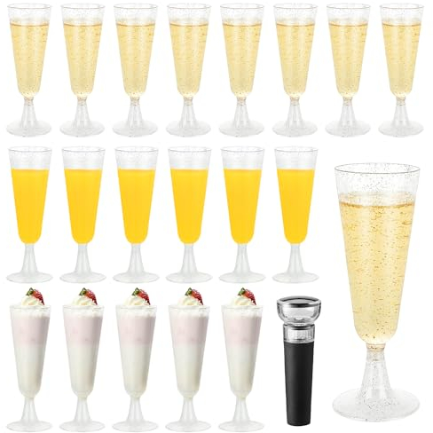 MAIXINNEW 20 Piezas Copas de Cava Plastico Duro Reutilizable 150ml, Copas de Champán de Plástico Plata, Copas de Plastico Vino Con Tapón de Vacío Vino para Fiestas, Bodas, Vacaciones