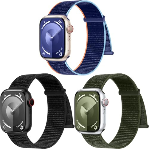 PIOWNN 3-pack nylonremmar kompatibla med Apple Watch, 41 mm, 40 mm, 38 mm, 44 mm, 45 mm, 42 mm, 49 mm, för kvinnor, män, kardborrebandsfäste, sportslinga, band för iWatch, SE, serie 1–9, Ultra 2, 1