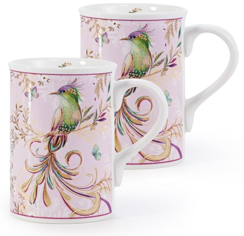 EHC Set of 2 Porcelain Phoenix Design Tea Cups/Coffee Mugs with Handle, Microwave Safe, Oven Safe, Dishwasher Safe, Gift Boxed, 320ML - Ideal for Tea, Coffee, Latte, Hot Chocolate, Gifts and More