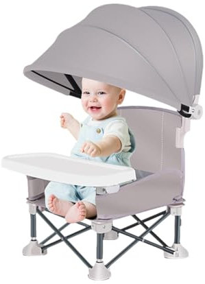 Trona Para Bebé, Silla De Comedor Plegable Con Asiento Elevador, Portátil Para Playa Con Bandeja Extraíble Y Sombrilla, De Viaje Para Alimentación