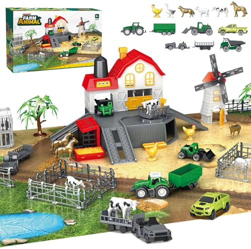 deAO Figuras De Animales De Granja Juguetes,con Valla De Ensamblaje y Camiones,Granja Juguete con Tractor Juguete,Regalo niño De 3 4 5 6 7 años