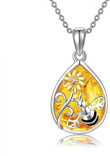 URONE Collana in argento sterling 925 con ciondolo a forma di ape, in ambra e girasole, idea regalo per donna, Nessuna pietra preziosa