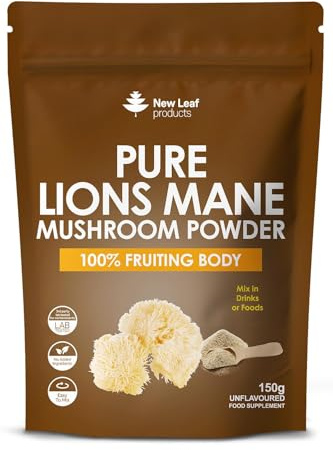 Lions Mane Mushroom Powder - Lions Mane Supplement High Strength 3000mg Mushroom Powder - 100% Fruiting Body Lion's Mane - 60 Servings Lions Mane Powder - Made in The UK by New Leaf