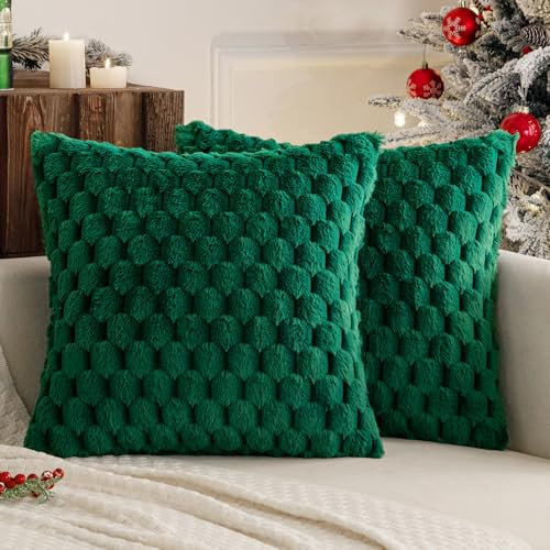 MIULEE Weihnachten 2er Set Kunstpelz Kissenbezüge Dekorative Plüsch Kissenhüllen Weich Sofakissen Dekokissen für Sofa Schlafzimmer Kissen 40x40 cm Dunkelgrün