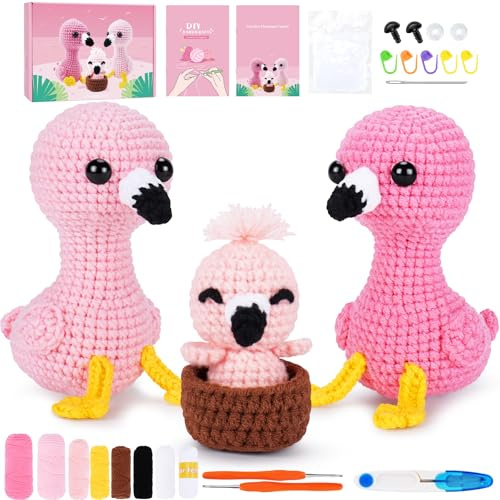 Kit all'uncinetto per principianti, adulti, bambini, famiglie, fenicotteri all'uncinetto, kit di animali all'uncinetto, video passo-passo, fenicotteri all'uncinetto, per imparare a lavorare