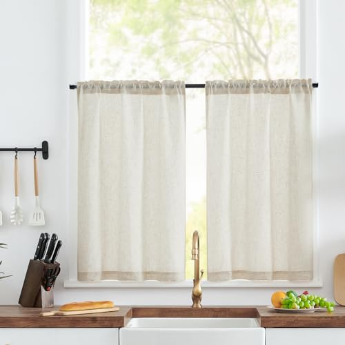 TOPICK Cortinas Cocina Corto Antiviento, Beige 65L x 75H(cm) 2 Paneles con Bolsillos de Barra Pequeña Cortina, para Ventana, Armario, Mueble Bajo, Habitación Protector de Fregadero