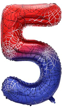 Spider Theme Number Foil Balloon, 40 Inch Aluminum Film Balloon Red Cartoon Party Decorations for Birthday Shower Anniversary Supplies (Number 5)