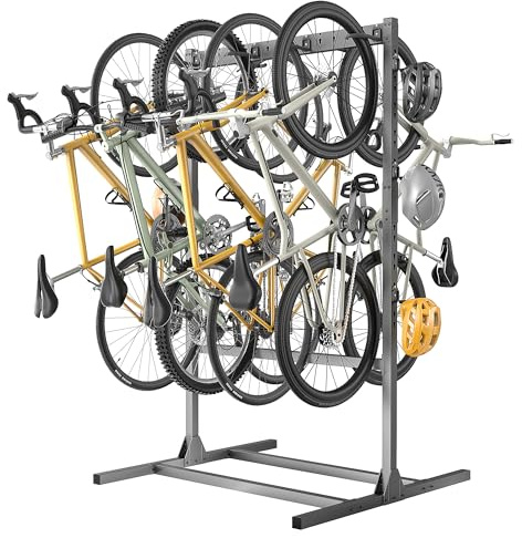 Ultrawall Freestanding Bike Stand, Vertical Bike Storage Stand Rack for Garage, Indoor Bicycle Organizer with Adjustable Hooks, Holds Up to 6 Bikes & 6 Helmets
