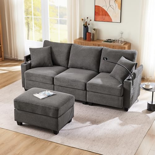 Arhatreya 3-sitsig L-formad modern grå soffa med 2 kuddar, 3-sitsig soffa med mugghållare, fotpall och mugghållare, hörnsoffa för vardagsrum, sovrum, buros, manchester