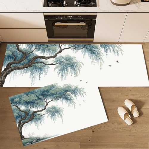 2 Pezzi Tappeti Da Cucina Pittura Tradizionale A Inchiostro, Tappetini Da Cucina Salici Piangenti Uccelli In Volo Antiscivolo Lavabile, Per Cucina Corridoio Soggiorno, Verde, 60x90cm+60x180cm
