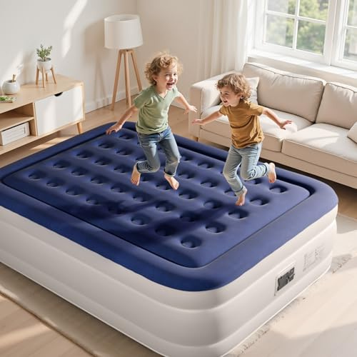 Bonnlo Colchón Hinchable con Bomba Integrada, Cama Inflable Doble con Superficie de Terciopelo, con Portavasos y Bolsa de Transporte, Colchón de Aire para Camping (Azul, 203x152x45cm)