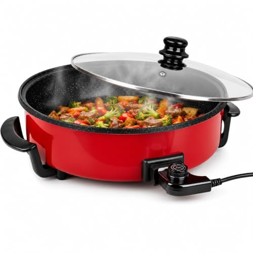Royal Swiss Sartén Eléctrica Multifunción 42cm - 1500W | Pizza, Paella, Parrilla, Panqueques | Antiadherente | Tapa de Cristal | Temperatura Ajustable | Fácil Limpieza (rojo, 42 cm)