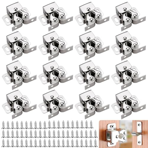 16 Piezas Pestillo de Doble Rodillo,Doble Rodillo Gabinete Pestillo Puerta, Cierres De Doble Rodillo con 64 tornillos para Puerta de Armario Cocina Casa y Muebles Baño Cerradura de Captura