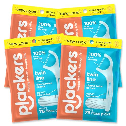 Plackers Twin Line Dental Floss Picks, Dual-Line Tuffloss, Easy Storage, Cool Mint Flavor, 75 Count (Pack of 4)