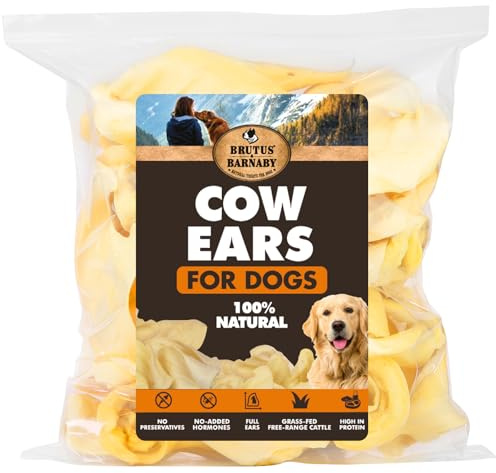 BRUTUS & BARNABY Cow Ears for Dogs – Whole Ears 12 ct, Thick Cut, Grass-Fed Angus Beef, All-Natural No-Rawhide Dog Treat Alternative