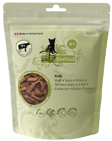 catz finefood Meatz, snack per gatti, di vitello, N° 5, croccanti strisce di carne di vitello grigliate ed essicate, senza zucchero, senza cereali, 45 g