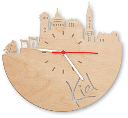Skyline Kiel Wanduhr aus Birken-Holz Made in Germany | Design Uhr aus Echtholz | Wand-Deko aus Birke | Originelle Wand-Uhr | Moderne Wand-Uhr im Skyline Design | Wand-Dekoration aus Natur-Holz