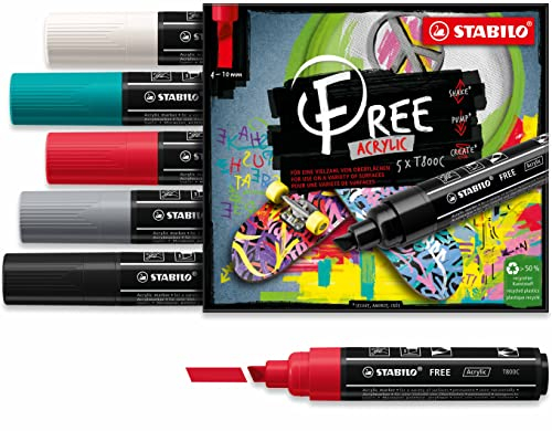 STABILO - Acrylmarker - FREE Acrylic - T800C Keilspitze 4-10mm - Bold - 5er Pack - mit 5 verschiedenen Farben