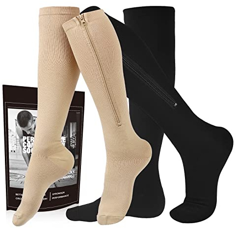 cerpite Zipper Compression Socks, 2 Pairs 15-20 mmHg Closed Toe Compression Stockings for Men Women