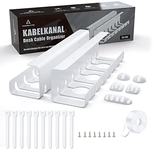 Under Desk Cable Management Tray 2 Pack, HOMMAND Sturdy Steel Cable Tray Under Desk Self Adhesive and Drilling Mounting, Desk Cable Tidy Tray for Keeping Cable Desk Tidy, for Office and Home