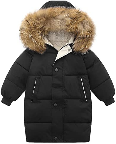amropi Ragazzi Ragazze Cappotto con Cappuccio di Pelliccia Imbottiti Inverno Parka Giacca Nero,7-8 Anni