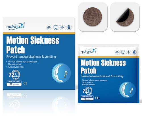 Hionfurt Motion Sickness Patches, 32 Patches for Car, Sea and Air Travel | Non-Drowsy Travel Sickness Patches with Natural Ingredients for Car, Sea and Air Travel, Lasts 72 Hours