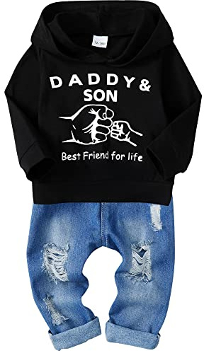 SOLOYEE 2 delar baby baby set 1–5 år brev tryck huvtröja topp + slitna jeansbyxor