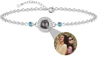 Liskanap Foto Armband Personalisierte Rund Geburtsstein Projektion Armband mit Eigenen Bild im Stein Lupe Foto Armbänder Versteckte Fotoarmband für Damen Frauen Freundschaft Familie Silber Rose Gold