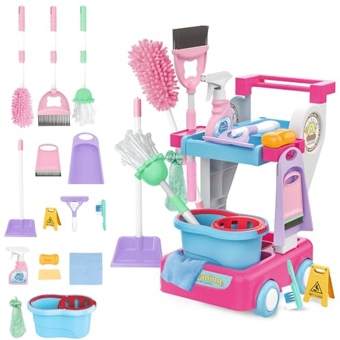 deAO Putzwagen für Kinder mit Handstaubsauger, Mop, Handfeger, Eimer, Wischmop, kehrschaufel, Besen. Reinigungswagen 16-Teiliges Putzset Zubehör, Haushaltsspielzeug für Mädchen Jungen ab 3 Jahren