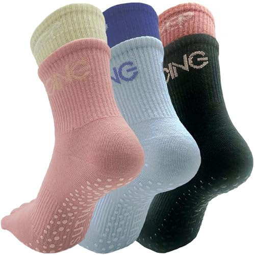 Sunolkie Calcetines antideslizantes para mujer, 3 pares de calcetines con los dedos para pilates antideslizantes para yoga, pilates, ballet, danza, fitness, baile de pies descalzos, gimnasia, blanco