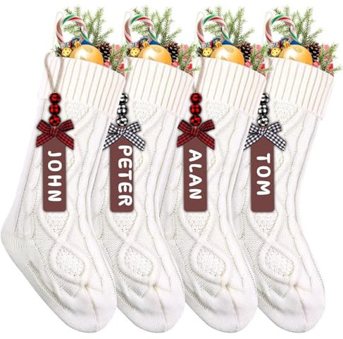 JOLCEEY 4pcs Christmas Stockings, 18 Inch Large Knit Christmas Stockings Personalized Xmas Hanging Stocking Decorations with Name Tags for Christmas Fireplace Tree Decorations