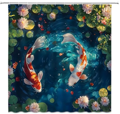EVRCVAR Koi Fish Shower Curtain Japanese Lotu Pond Carp Asian Pink Floral Green Leaves Nature Oriental Aesthetic Bathroom Curtain Fabric with Hooks(70 WX70 H)