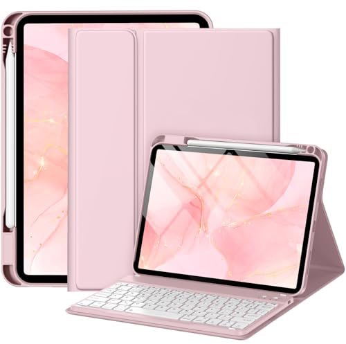 drivego Coque Clavier pour iPad A16 11/10 Ème Generation (11 Pouces 2025/10.9 Pouces 2022), Étui Keyboard à Touches Anti-Arrachage avec Porte Crayon, AZERTY Layout pour iPad 10eme/11eme, Rose Clair