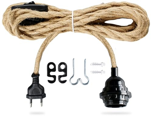 E27 Cavo per Lampada Vintage a Sospensione, Portalampada E27 a Sospensione con Spina, 4,5m Cavo per Lampada in Corda di Canapa in Tessuto con Interruttore, per Lampada da Terra DIY, Lampada a