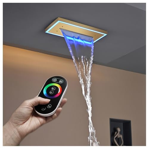 PINCHU Cabezal De Ducha LED Rectangular De 40 X 20cm Cabezal De Ducha De Techo Tipo Cascada, Acero Inoxidable 304, con Control Remoto Y 64 Luces De Colores
